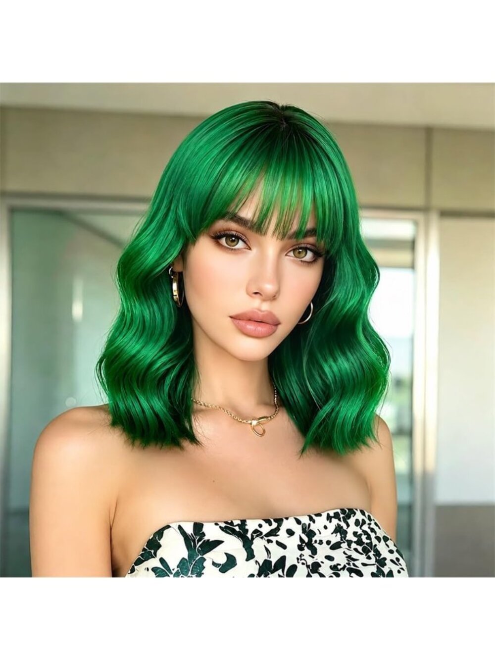 Women's Emerald Green Wavy Synthetic Shoulder Length Sweetie Bob Wig Bangs